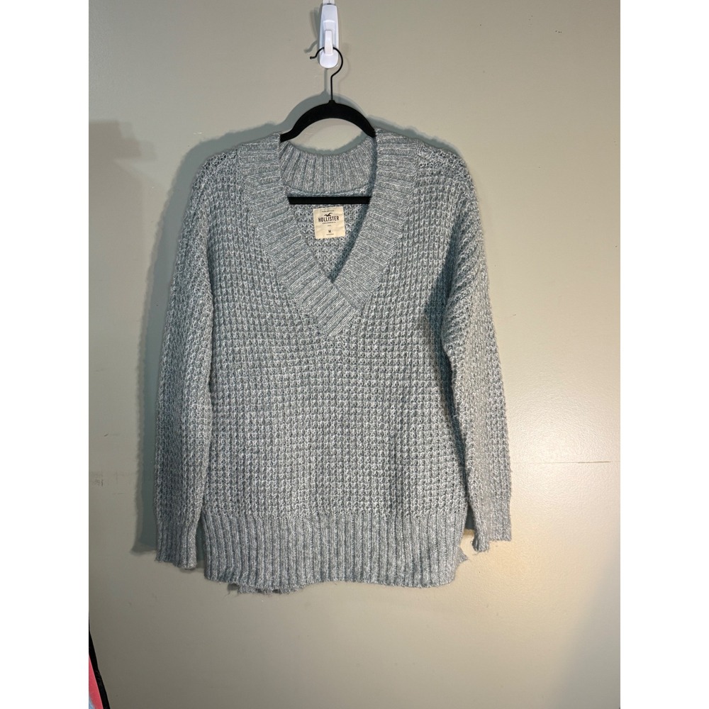 Hollister Gray Waffle Knit V-Neck Sweater Womens Medium Relaxed Fit Pullover